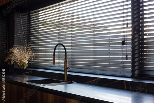 Canvastavla Wooden blinds black color closeup on the window