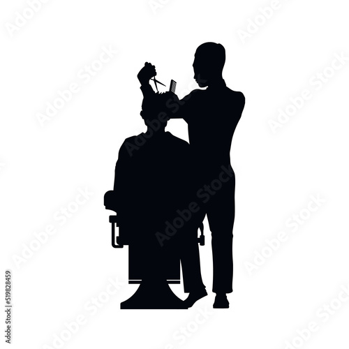 Barbershop scene. Hairdresser black silhouette. Isolated men's haircut stylist. Barber salon indoor. Man fashion service. Beard master with scissors.