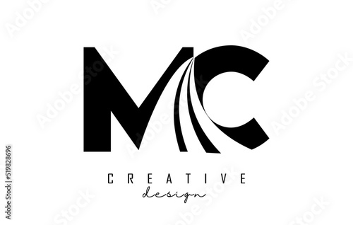 Creative black letters MC m c logo with leading lines and road concept design. Letters with geometric design.