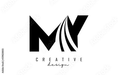 Creative black letters My m y logo with leading lines and road concept design. Letters with geometric design.