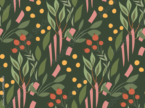 Creative floral print with berries of forest plants, leaves, mosaic on a dark green background. Abstract seamless botanical pattern with geometric elements in a simple hand-drawn style. Vector