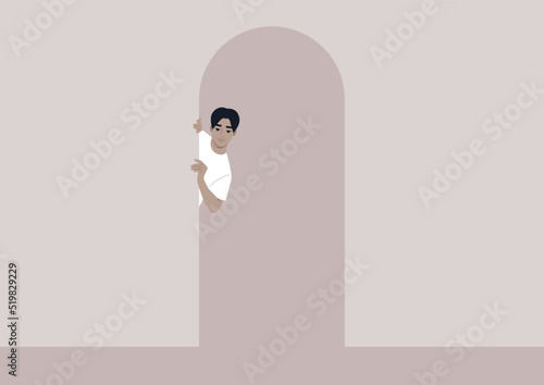 A young male Asian character peeking out of door, a hallway view