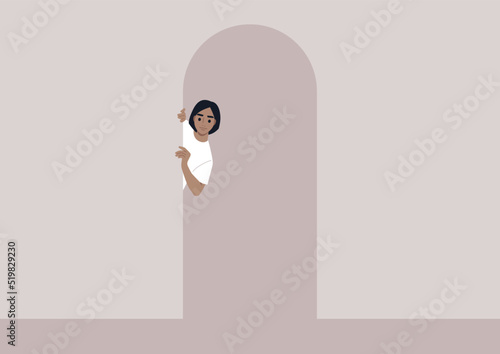 A young female Caucasian character peeking out of door, a hallway view