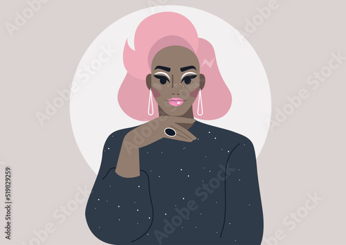 Drag Queen wearing a shiny black dress and bright make up, queer community, LGBTQ pride