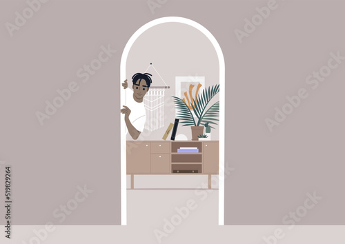 A young male African character peeking out of door, a hallway view