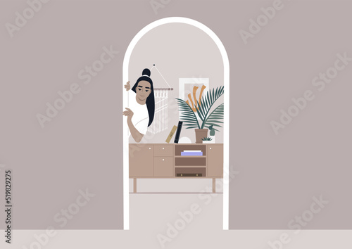 A young female Asian character peeking out of door, a hallway view