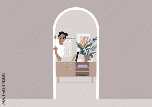A young male Caucasian character peeking out of door, a hallway view