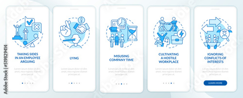 Unethical behavior in workplace blue onboarding mobile app screen. Walkthrough 5 steps editable graphic instructions with linear concepts. UI, UX, GUI template. Myriad Pro-Bold, Regular fonts used