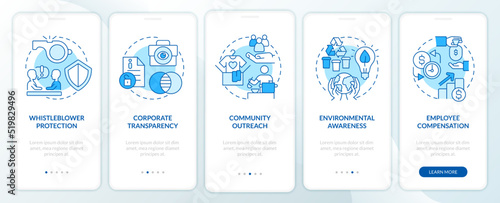 Ethical organizational behavior blue onboarding mobile app screen. Walkthrough 5 steps editable graphic instructions with linear concepts. UI, UX, GUI template. Myriad Pro-Bold, Regular fonts used © bsd studio