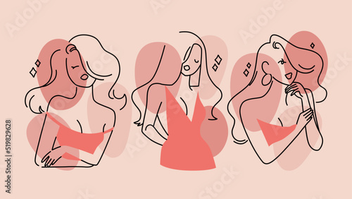 Diseño vectorial de Mujeres elegantes en concepto de estilo lineal, tonalidades rosa, figura femenina, arte minimalista.