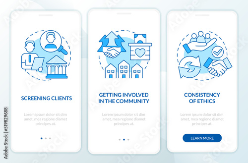 Ethical practices in banks blue onboarding mobile app screen. Walkthrough 3 steps editable graphic instructions with linear concepts. UI, UX, GUI template. Myriad Pro-Bold, Regular fonts used