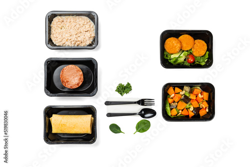 Delivery of healthy food in takeaway restaurants for daily meals on a white background, isolated on white