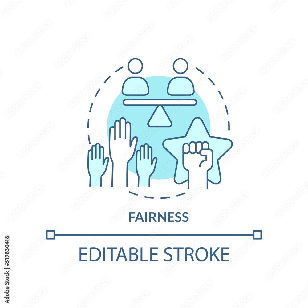 Fairness turquoise concept icon. Organizational ethics element abstract idea thin line illustration. Justice Isolated outline drawing. Editable stroke. Arial, Myriad Pro-Bold fonts used Fairness turquoise concept icon. Organizational ethics element abstract idea thin line illustration. Justice Isolated outline drawing. Editable stroke. Arial, Myriad Pro-Bold fonts used