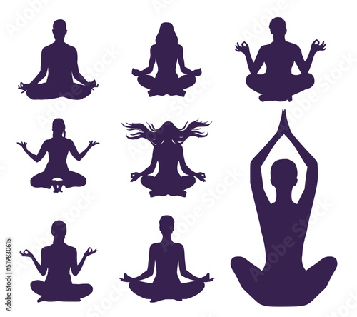 Set of eight meditating people. People sit in the lotus position