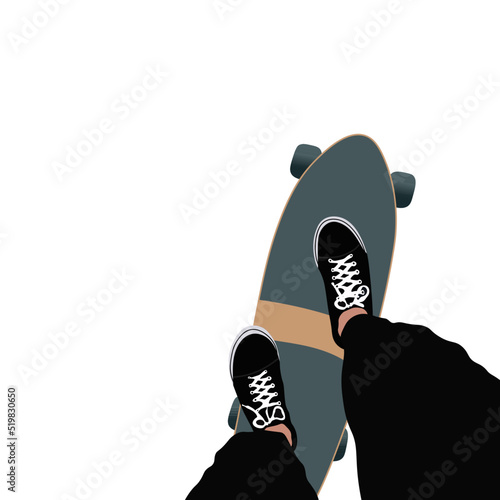 View from above, Skateboard and black shoes on white background.