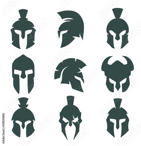 Set of nine spartan helmets. Commander's helmet