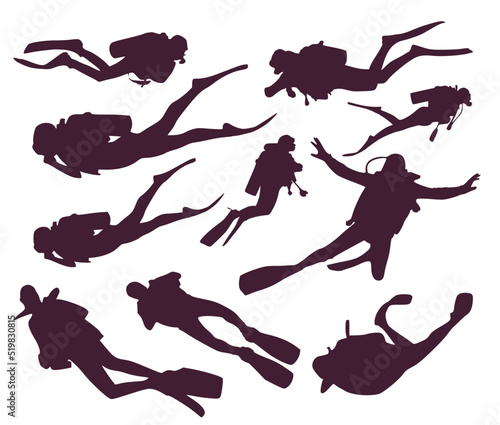 Set of silhouettes of divers floating at depth in the sea