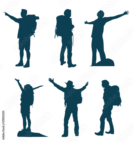 Set of six silhouettes of travelers who reached their destination