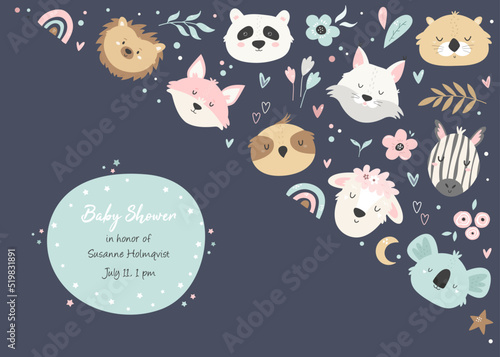 Baby Shower Invitation card with cute animals.