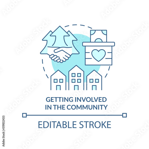 Getting involved in community turquoise concept icon. Principle of banking ethics abstract idea thin line illustration. Isolated outline drawing. Editable stroke. Arial, Myriad Pro-Bold fonts used