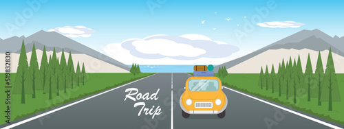 Cartoon style of vintage style yellow car with baggages for road trip traveling with mountain and sea view background. 