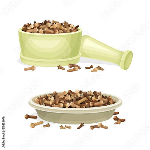 Pile of Dried Clove Aromatic Spice Rested in Mortar and Plate Vector Set
