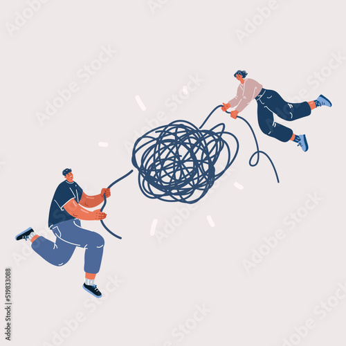 Vector illustration of Man and woman untangle untangle tangled threads solve relationship problem. Couple find solution to relation trouble. Dating and feelings.