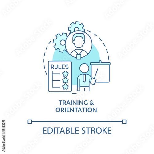 Training and orientation turquoise concept icon. Company rules. Onboarding process abstract idea thin line illustration. Isolated outline drawing. Editable stroke. Arial, Myriad Pro-Bold fonts used