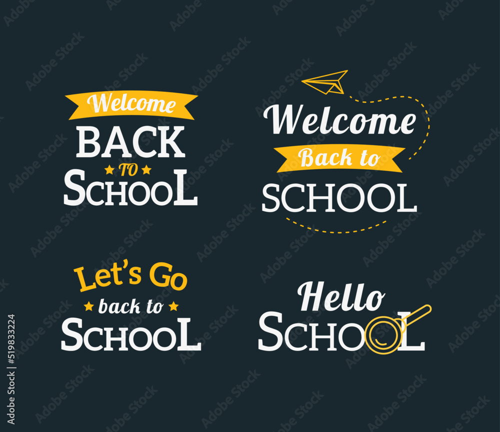 Welcome Back to school, design logo on blackboard. Let's go back to school, hello school, greeting lettering collection. Vector set typography of labels, badges, emblems. School background. 