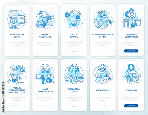 Developing employee integration blue onboarding mobile app screen set. Walkthrough 5 steps editable graphic instructions with linear concepts. UI, UX, GUI template. Myriad Pro-Bold, Regular fonts used