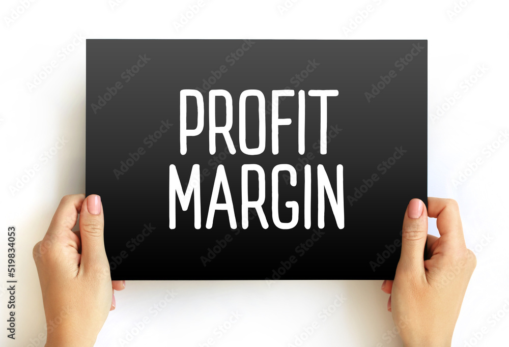 Profit Margin - measure of profitability, calculated by finding the net profit as a percentage of the revenue, text on card Profit Margin - measure of profitability, calculated by finding the net profit as a percentage of the revenue, text on card