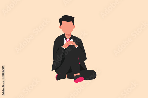 Business flat drawing sad businessman sitting alone on the floor. Depressed male manager losing his job. Economic crisis. Disorder, sorrow, disappointment concept. Cartoon design vector illustration
