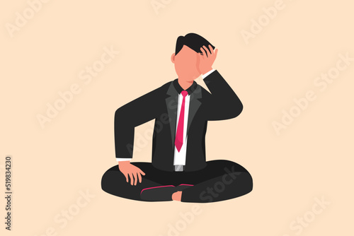 Business flat cartoon style drawing businessman who is asking questions or confused because he gets into problem. Running out of ideas, daydreaming, sad, depressed. Graphic design vector illustration