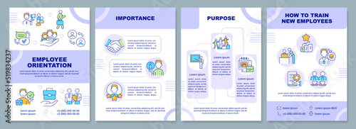 Employee orientation purple brochure template. Onboarding. Leaflet design with linear icons. Editable 4 vector layouts for presentation, annual reports. Arial-Black, Myriad Pro-Regular fonts used