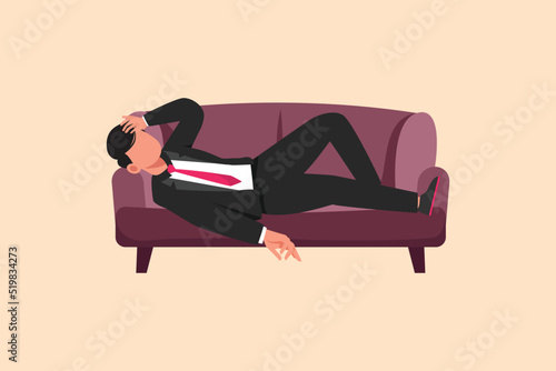 Business design drawing depressed businessman sad tired sleepy resting on sofa. Frustrated worker holding head lying on sofa. Stressed and anxiety on failure. Flat cartoon style vector illustration