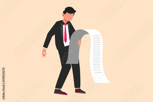 Business flat drawing sad depressed businessman standing thinking about finding money for paying bills during crisis. Financial problems and bankruptcy concept. Cartoon draw design vector illustration