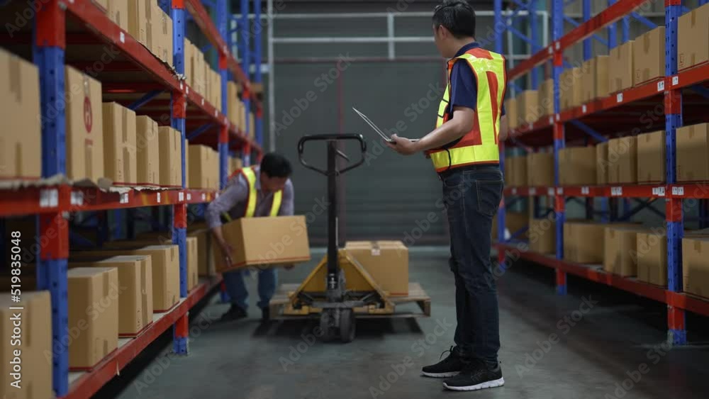 In the warehouse storage area supervior using laptop to check the ...