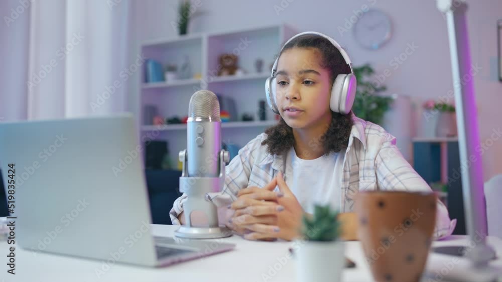 Teenage girl making podcast for her blog, radio anchor, streamer, influencer Teenage girl making podcast for her blog, radio anchor, streamer, influencer
