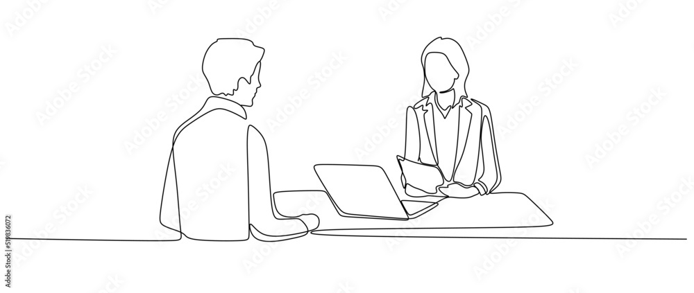 Job interview - vector modern simple one line design composition with recruiter and candidate. Continuous Line Drawing of man and woman are talking at the table - obrazy, fototapety, plakaty 