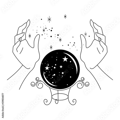 hands around a crystal ball and galaxy illustration - spiritual and mystical design - esoteric symbols