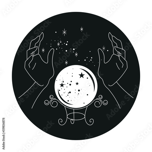 hands around a crystal ball and galaxy illustration - spiritual and mystical design - esoteric symbols