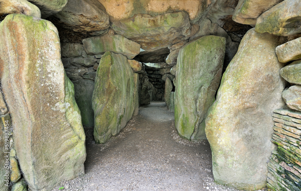 West Kennet Long Barrow prehistoric Neolithic tomb near Avebury, Wiltshire, England. The middle aisle with side and end chambers