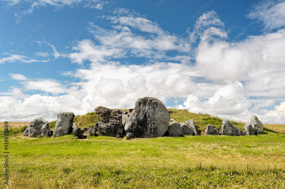 West Kennet Long Barrow prehistoric Neolithic tomb near Avebury, Wiltshire, England. Stone façade of the Eastern front entrance