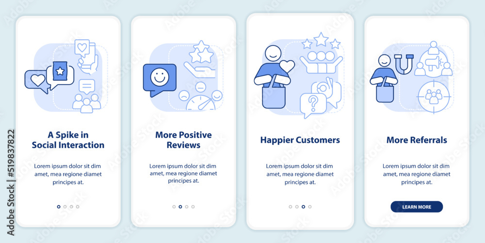 Tracking customer engagement light blue onboarding mobile app screen. Walkthrough 4 steps editable graphic instructions with linear concepts. UI, UX, GUI template. Myriad Pro-Bold, Regular fonts used