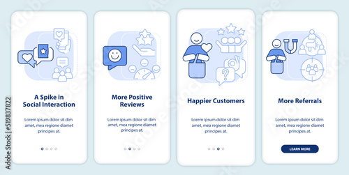 Tracking customer engagement light blue onboarding mobile app screen. Walkthrough 4 steps editable graphic instructions with linear concepts. UI, UX, GUI template. Myriad Pro-Bold, Regular fonts used