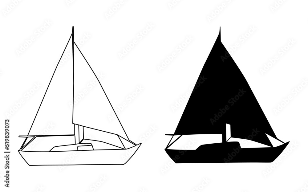 Sailing boat vector illustration. Black silhouette and outline on a white background.