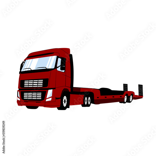 Low loader trailer truck front side view. Semi trailer tractor vehicle. Vector isolated illustration.