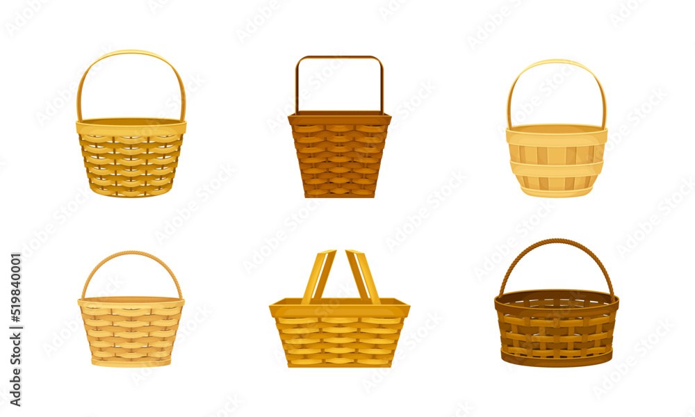 Wicker baskets set. Handcrafted container for picnic or Easter holiday vector illustration