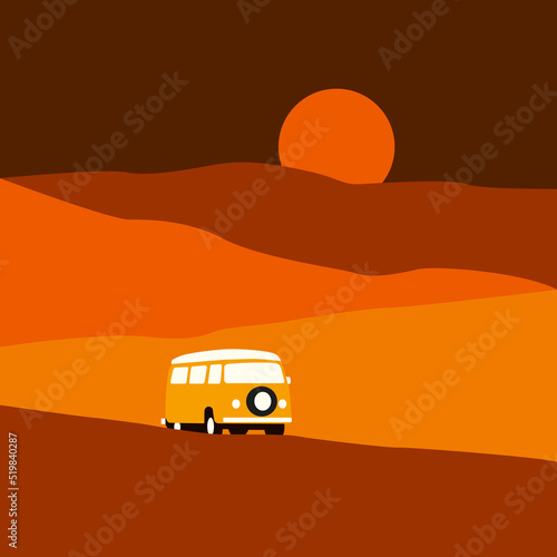 vintage van on the road with color landscape
