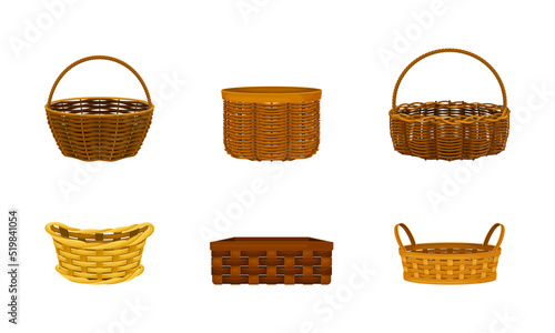 Handcrafted wicker baskets set. Container for picnic or Easter holiday vector illustration